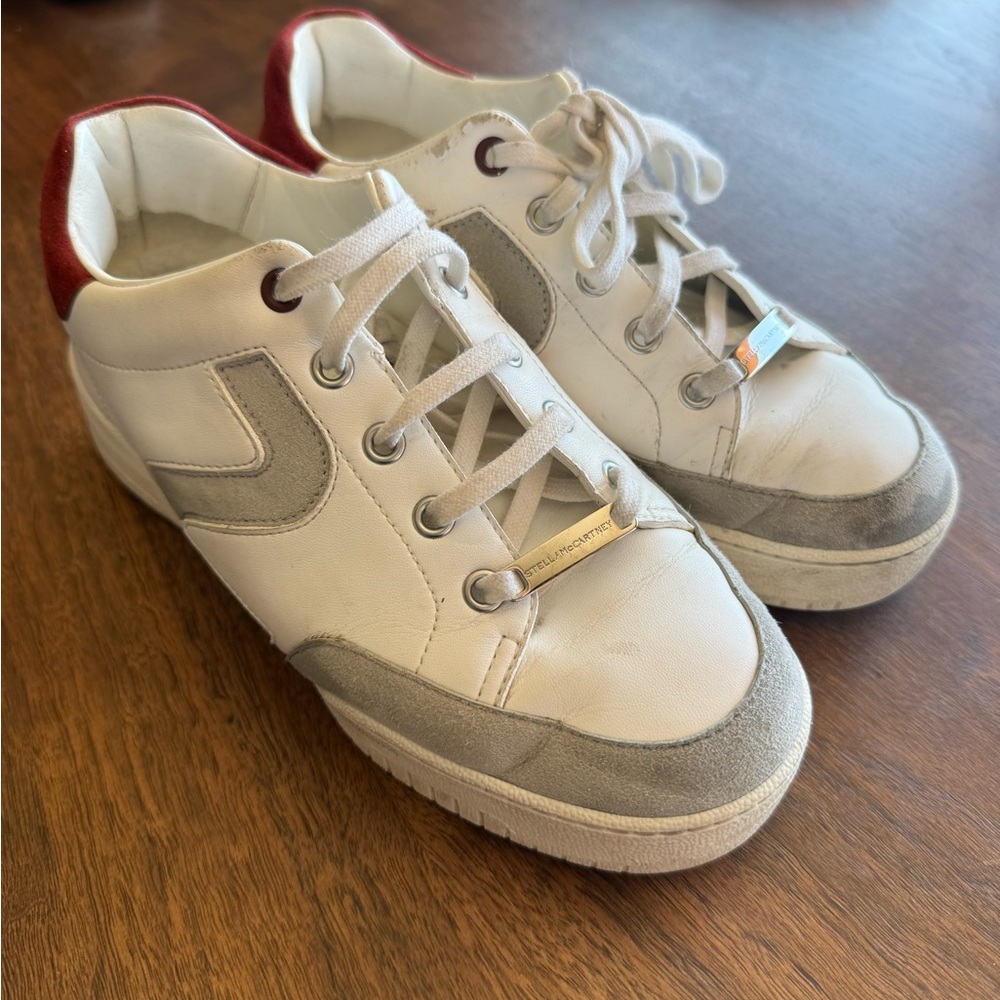 Stella McCartney White Leather & Gray Suede Sneakers with Red Heel Accent